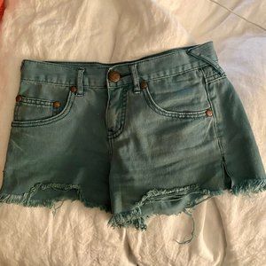 Free People High Waisted Denim Shorts in Green Size 24